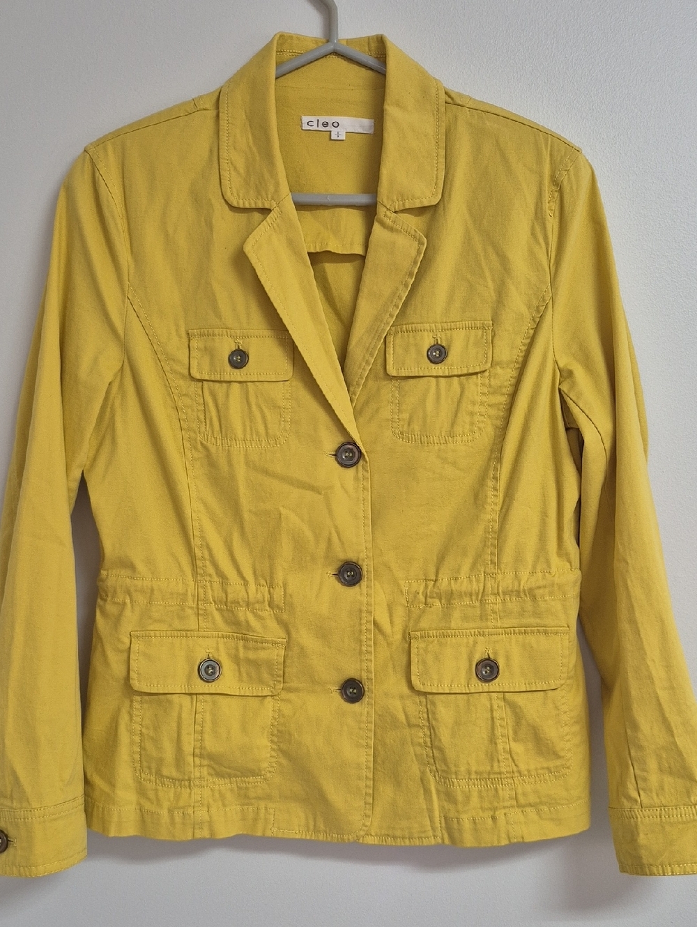 Cleo Mustard Yellow Cotton Utility Jacket with Button Front, Shoulder Pads